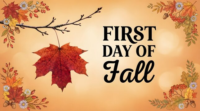 First day of fall greeting card with a large red maple leaf hanging from a branch and autumn foliage borders on a warm orange background