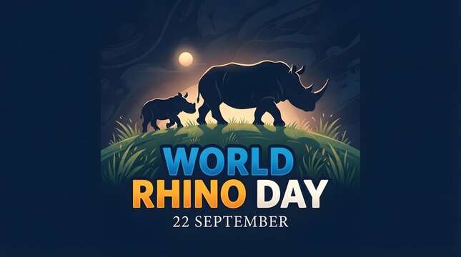 World rhino day illustration with rhinos and text on a dark blue background