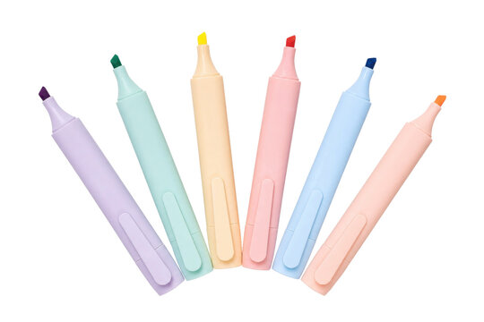 Six colorful pastel highlighters with open caps are neatly arranged in a fan shape on a clean white background, showcasing their vibrant tips