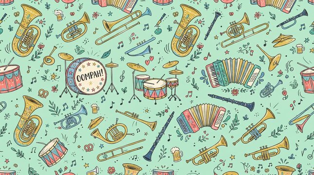 Hand-drawn musical instruments seamless pattern, light green background with brass, woodwind, percussion, and accordion, doodle style, for fabric, wallpaper, or digital design