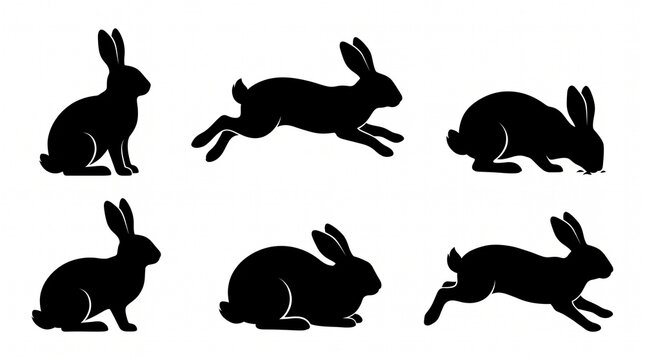 Set of black rabbit silhouettes showing various poses of sitting running and eating animals