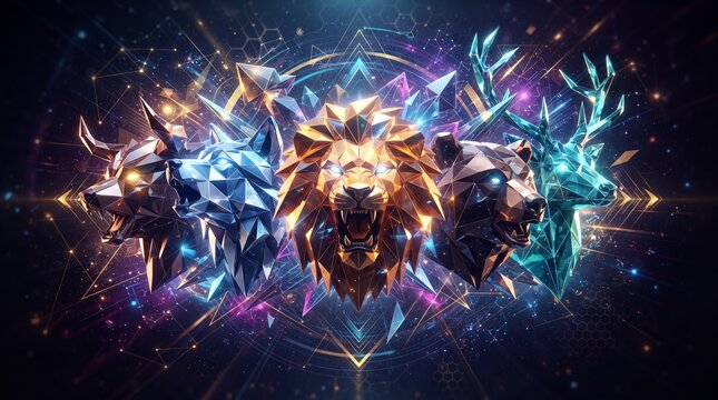 Futuristic Low Poly Geometric Animal Heads in Cosmic Space with Glowing Neon Energy Background