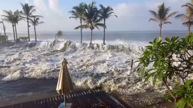 A strong storm surge crashing against the coast and surging past the row of palm trees on a beach.
