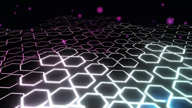 Futuristic glowing hexagon grid background, neon digital honeycomb pattern with purple particles, abstract high-tech data visualization loop