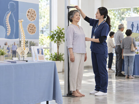 Older Asian woman having standing height measured at community bone health awareness event for osteoporosis risk screening