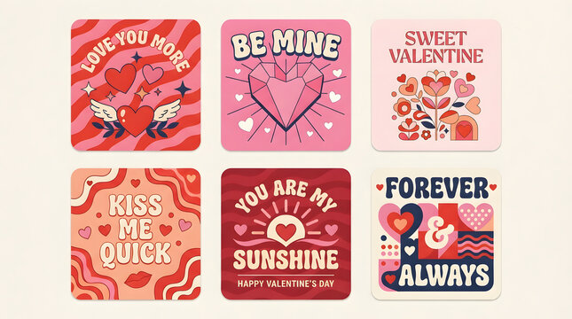 Set of six Valentine's Day greeting card designs with romantic typography and heart illustrations in a flat vector style.