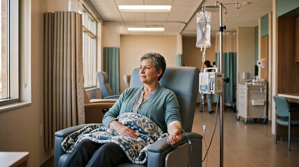 Fototapeta premium Mature female patient receiving chemotherapy treatment in a hospital room. Woman sitting in a medical chair with an IV drip looking out the window