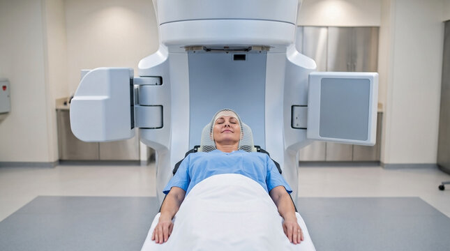 Female patient preparing for radiation therapy in a hospital. Woman wearing an immobilization mask lying under a linear accelerator machine for cancer treatment
