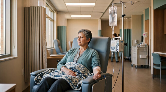 Mature female patient receiving chemotherapy treatment in a hospital room. Woman sitting in a medical chair with an IV drip looking out the window