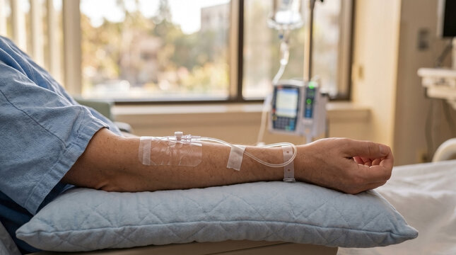 Patient receiving an IV infusion in a hospital room. Close up of an arm with an intravenous line resting on a pillow during medical treatment