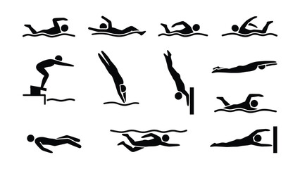 Fototapeta premium Black and White Swimming Strokes and Diving Techniques Illustration Set