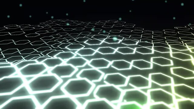 Futuristic glowing hexagon grid, digital neon honeycomb landscape. Abstract tech background with white and green light waves.