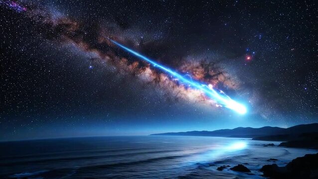 Beautiful cosmic landscape featuring a glowing blue meteor or shooting star traversing a starry night sky with the Milky Way galaxy reflecting over a calm ocean water surface. 4K