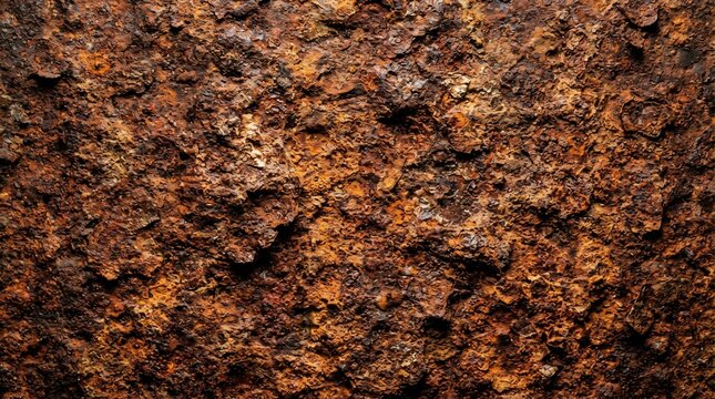 Macro background of heavy rust texture on corroded metal with orange oxidation and dark gritty industrial details.