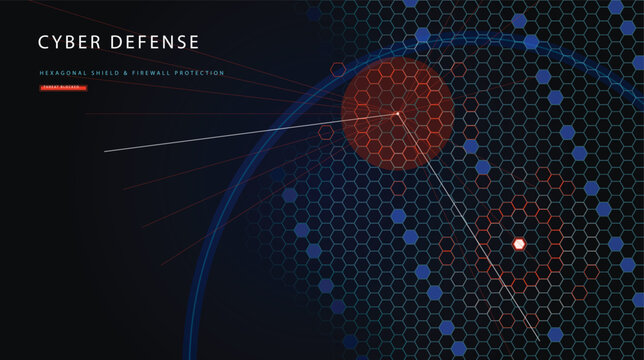 Cyber defense technology vector illustration depicts hexagonal shield wall patterns blocking malicious network threat injection attacks for server security.