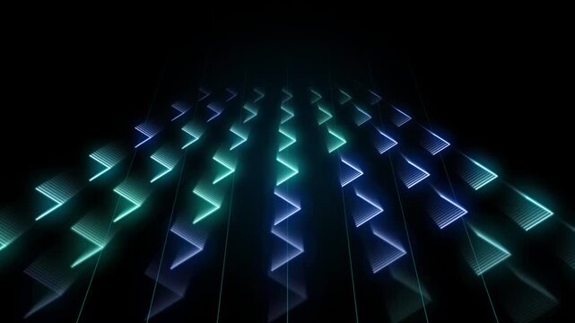 Futuristic neon cyan and blue arrow chevron floor grid animation with perspective light motion loop.