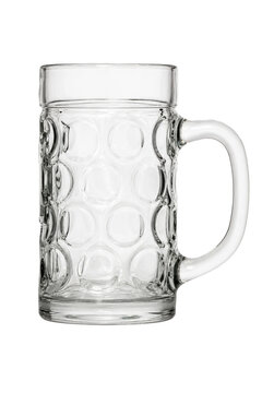 Empty clear glass beer stein with dimpled texture and a sturdy handle, isolated on a clean white background
