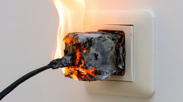 Burning electrical adapter connected to wall receptacle on white background, showing short circuit failure and burnt wire with smoke and fire hazard, unsafe electricity and home safety concept.