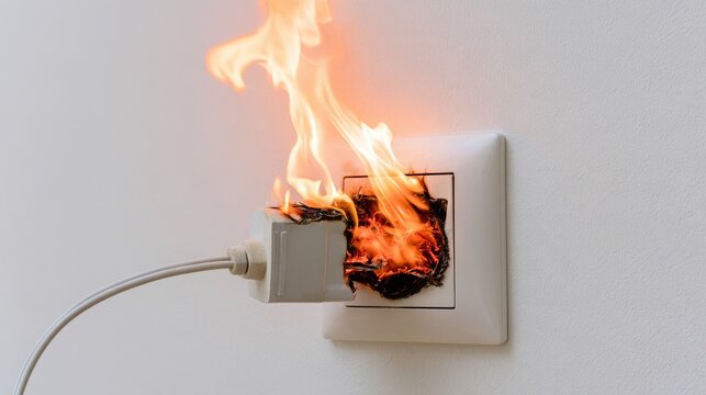 Burning electrical adapter connected to wall receptacle on white background, showing short circuit failure and burnt wire with smoke and fire hazard, unsafe electricity and home safety concept.