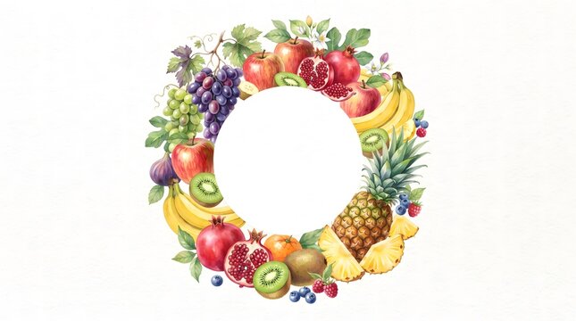 Watercolor illustration of a circular wreath made of various fresh tropical fruits and berries on white background