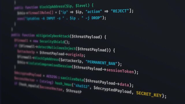 Cybersecurity code typing close up. Dark terminal developer editor. Software programming script display. Hacking firewall threat defense animation. Code syntax highlighting screen. video 4k