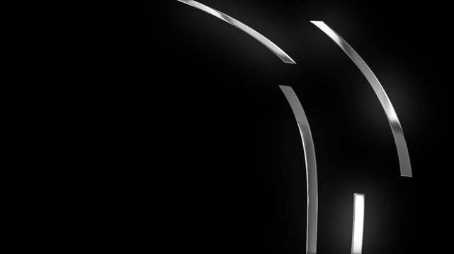 Glowing silver metallic curved ribbon loop. Futuristic chrome reflective line motion animation. Abstract sleek steel geometry background.
