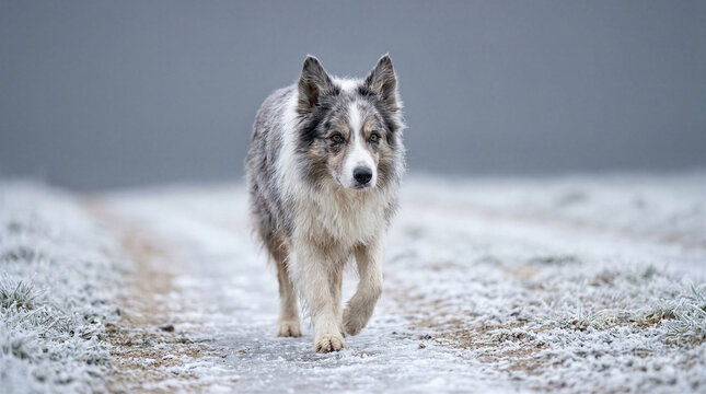 Gray and white dog walking on a snow-covered path in winter  