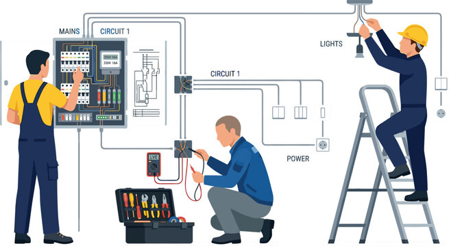 Professional Electrician Team Working on Electrical Panel Wiring Circuit and Testing Power Connections with Multimeter Tool for Engineering Maintenance Vector Illustration