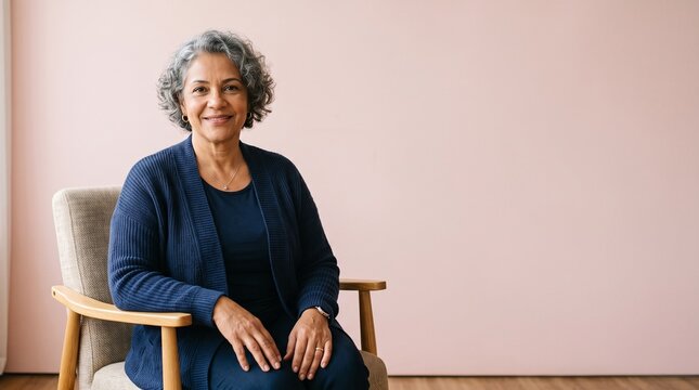 Smiling senior woman with curly gray hair sitting comfortably in a chair against a soft pink background