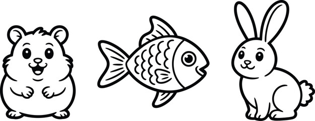 Obraz premium Cute pet line art vector set featuring happy hamster goldfish and bunny rabbit characters isolated on clean white background illustration.