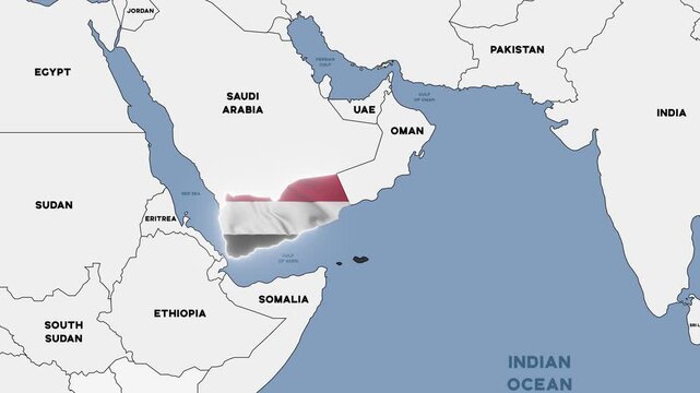 4K animation of a political map of Yemen highlighted with the colors of the Yemeni national flag