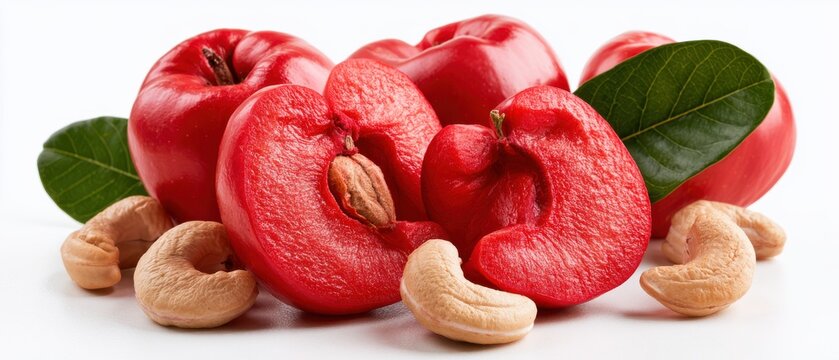 Pressed red cashew apples sliced flat with cashew nuts and large leaves, pure white background