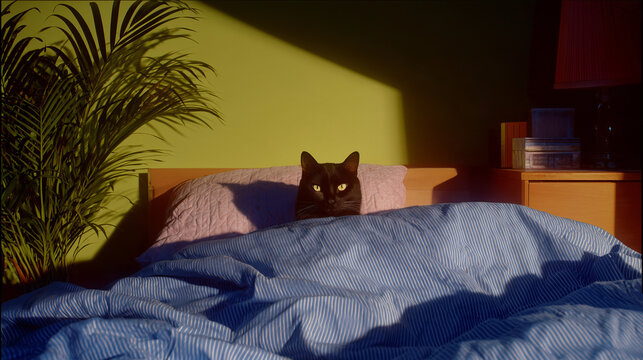 Black Cat Peeking from Blue Bedding in a Sunlit Bedroom