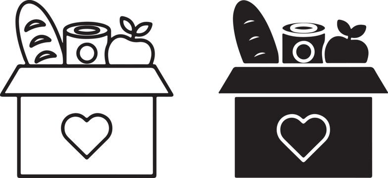 Donation boxes with food items and heart symbols on white background