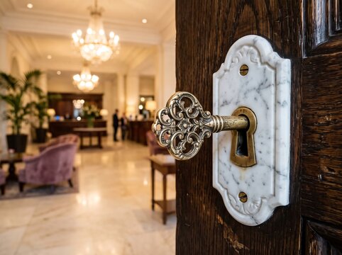 Ornate golden skeleton key in a marble lock plate on a dark wooden door overlooking a blurred hotel lobby with antique key luxury hotel brass key vintage key vacation