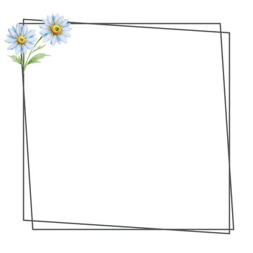 Elegant parallelogram floral gradient border design with bright white daisy and green leaves corners on a white background for invitations.