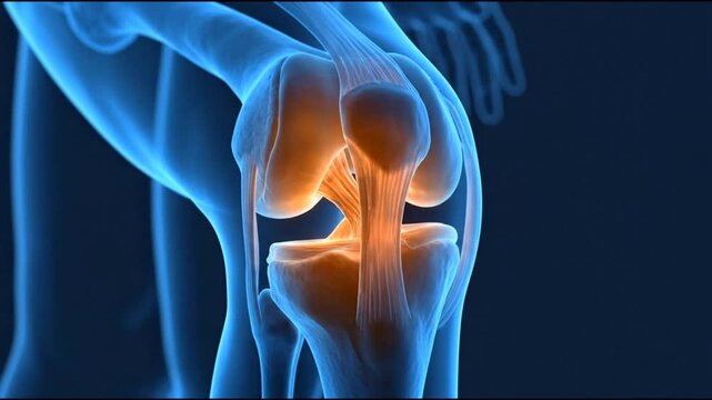 3D medical animation showing the internal anatomy of a human knee joint with glowing red highlights on the ligaments and bones to illustrate pain or inflammation