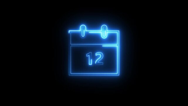 Blue neon calendar icon with number 12 glows on black background, modern animation