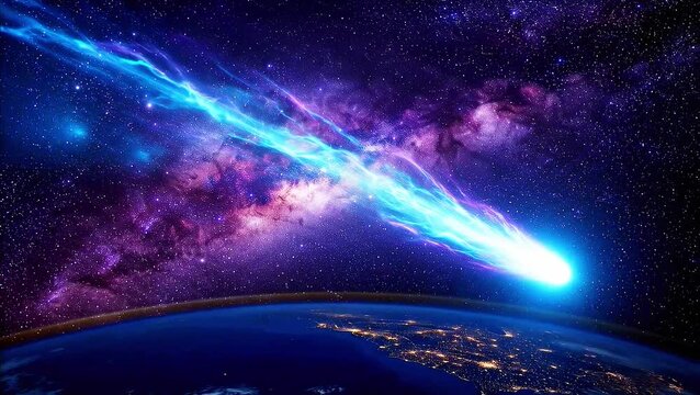 Panoramic space view of planet Earth horizon with glowing city lights, traversed by a radiant blue comet tail against a vast purple starry galaxy background. 4K