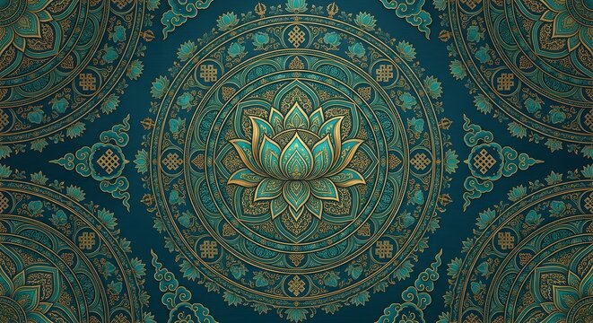 Seamless turquoise lotus mandala pattern with gold details, oriental Tibetan spiritual ornamental background.