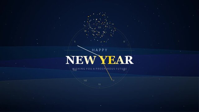 Professional 7-second motion graphics animation featuring Happy New Year text, elegant clock clockwork elements, sparkling fireworks particles, and a dynamic wavy blue gradient background.