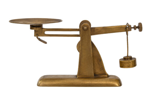 Old brass balance scale with a single pan and hanging weight, captured on a clean white background