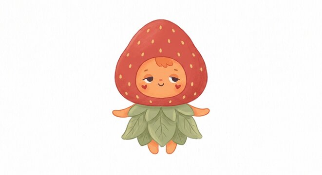 Cute kawaii strawberry cartoon character with a funny sleepy face.