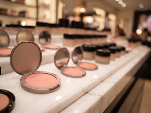 Open round blush makeup powder compacts with mirrors displayed on white counter at beauty cosmetics retail store shelf highlighting luxury products.