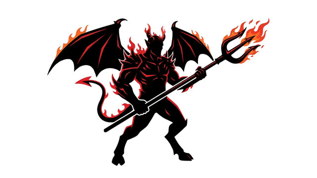 Powerful Devil Silhouette with Pitchfork and Flames &ndash; Halloween Vector Illustration