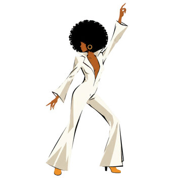 African american woman with afro dancing in white disco jumpsuit on transparent background. Retro disco dancer in stylish pose. Funky party and dance illustration concept.