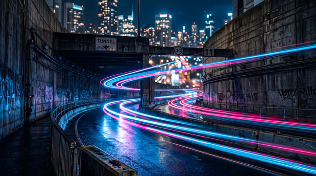Urban tunnel entrance with vibrant pink and blue neon light trails curving along a wet road toward a glowing city skyline for travel designs in PNG, Transparent and Black Background Versions