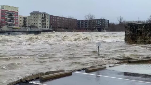 A view of an urban river dangerously overflowing in the city as a result of flooding.
