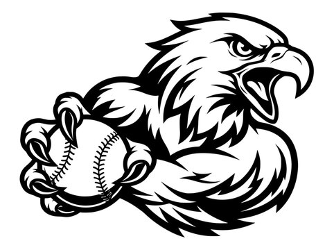 Aggressive eagle mascot clutching baseball, fierce bird of prey sports logo, black and white vector illustration for team branding