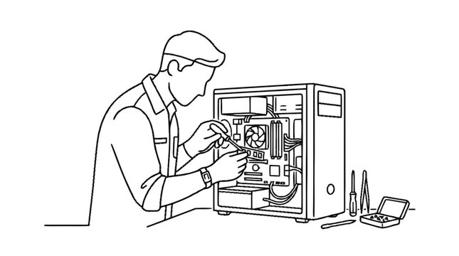 Technician repairs a desktop computer motherboard using a screwdriver in a minimalist line art illustration.